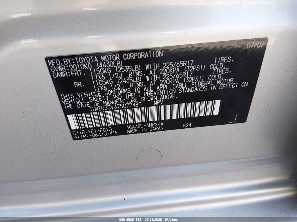 JTMZD33V375077480 2007 TOYOTA RAV4 photo no. 9