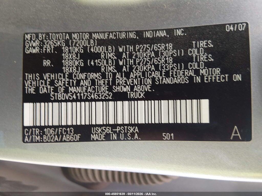 5TBDV54117S463252 2007 TOYOTA TUNDRA photo no. 9