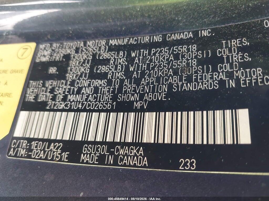 2T2GK31U47C026561 2007 LEXUS RX 350 photo no. 9