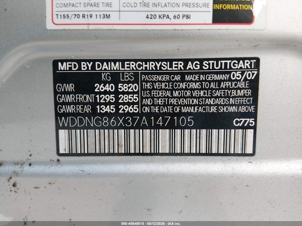 WDDNG86X37A147105 2007 MERCEDES-BENZ S 550 photo no. 9