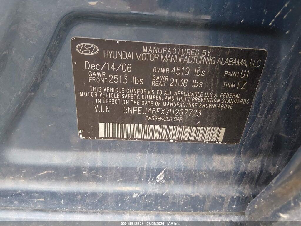5NPEU46FX7H267723 2007 HYUNDAI SONATA photo no. 9