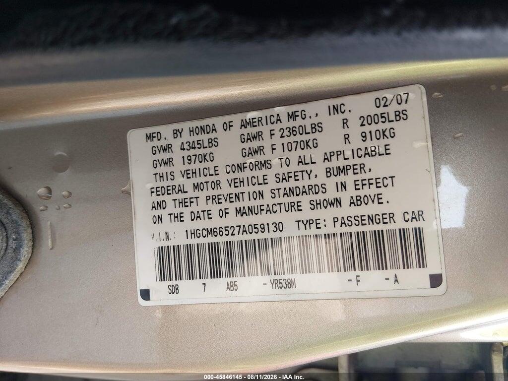 1HGCM66527A059130 2007 HONDA ACCORD photo no. 9