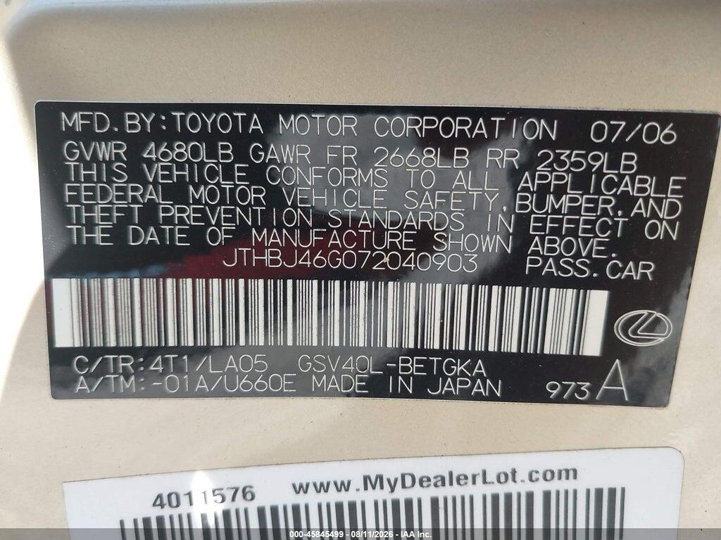 JTHBJ46G072040903 2007 LEXUS ES 350 photo no. 9
