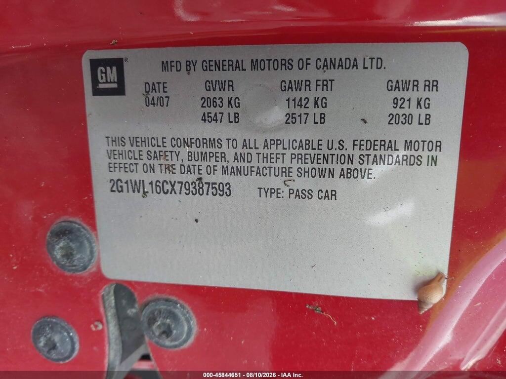 2G1WL16CX79387593 2007 CHEVROLET MONTE CARLO photo no. 9