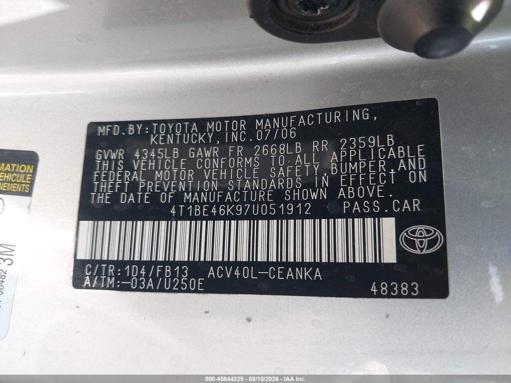 4T1BE46K97U051912 2007 TOYOTA CAMRY photo no. 9