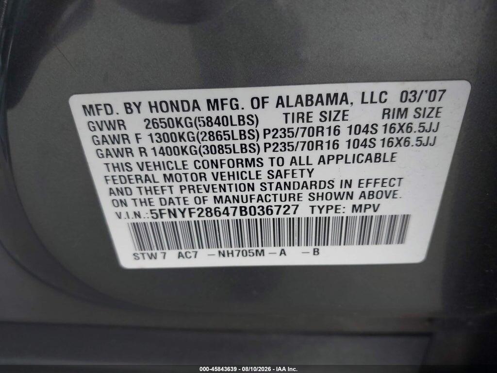 5FNYF28647B036727 2007 HONDA PILOT photo no. 9