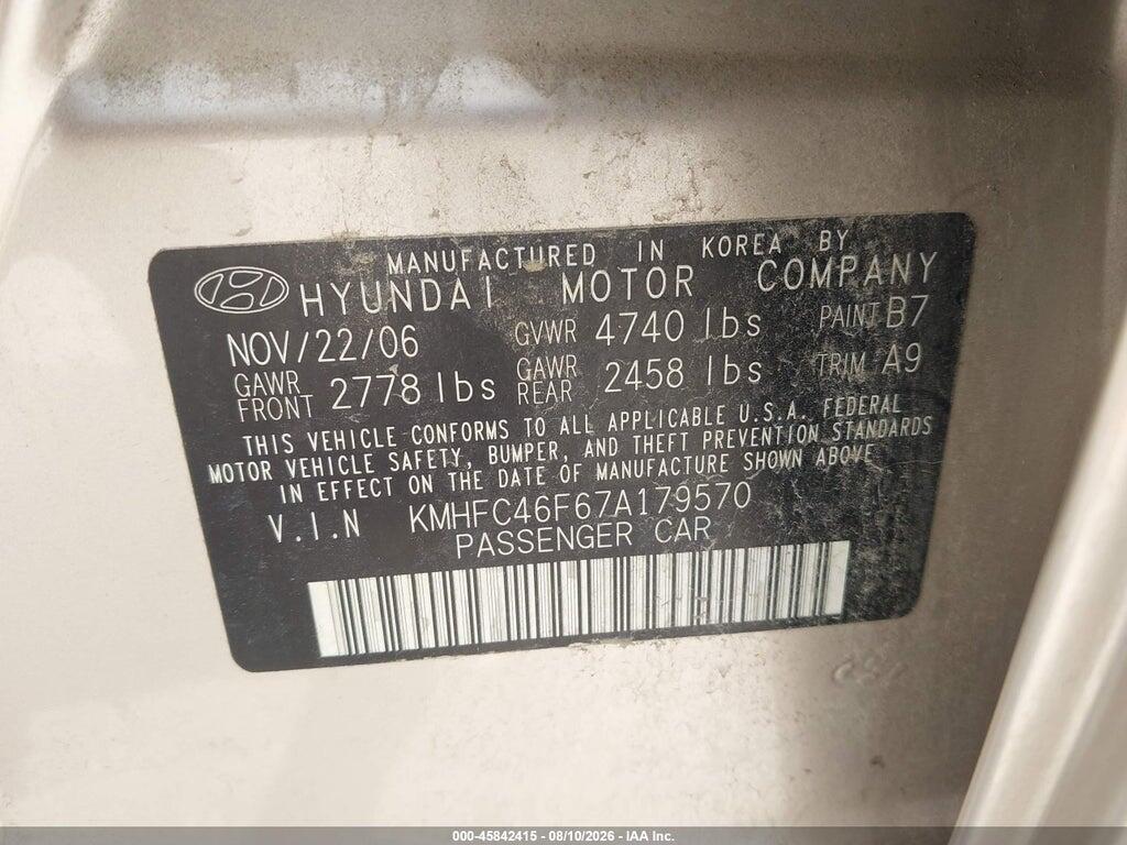 KMHFC46F67A179570 2007 HYUNDAI AZERA photo no. 9