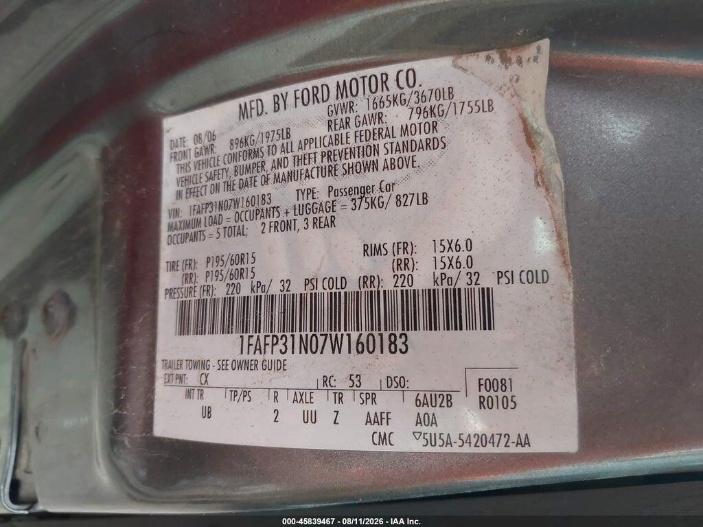 1FAFP31N07W160183 2007 FORD FOCUS photo no. 9
