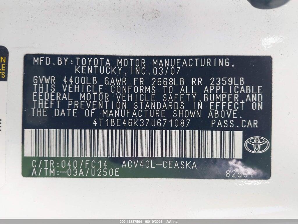 4T1BE46K37U671087 2007 TOYOTA CAMRY photo no. 9