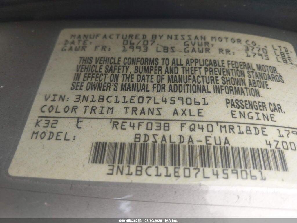 3N1BC11E07L459061 2007 NISSAN VERSA photo no. 9
