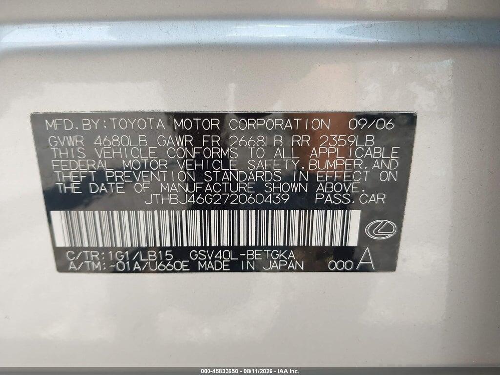 JTHBJ46G272060439 2007 LEXUS ES 350 photo no. 9