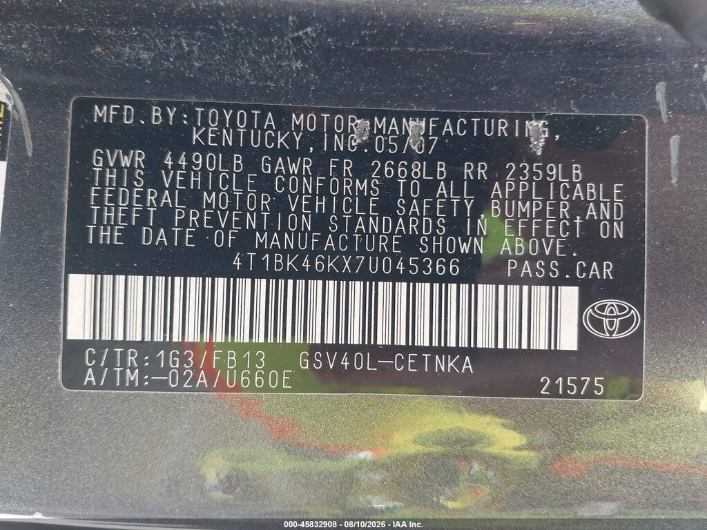 4T1BK46KX7U045366 2007 TOYOTA CAMRY photo no. 9