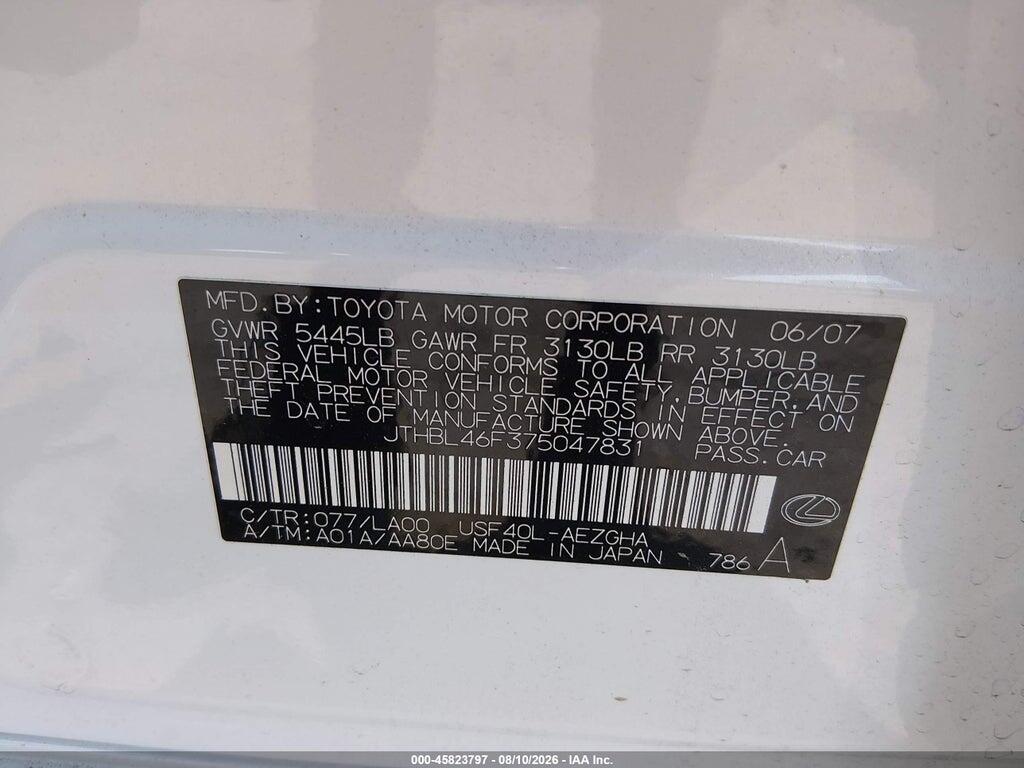 JTHBL46F375047831 2007 LEXUS LS 460 photo no. 9