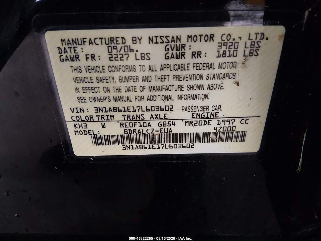 3N1AB61E17L603602 2007 NISSAN SENTRA photo no. 9
