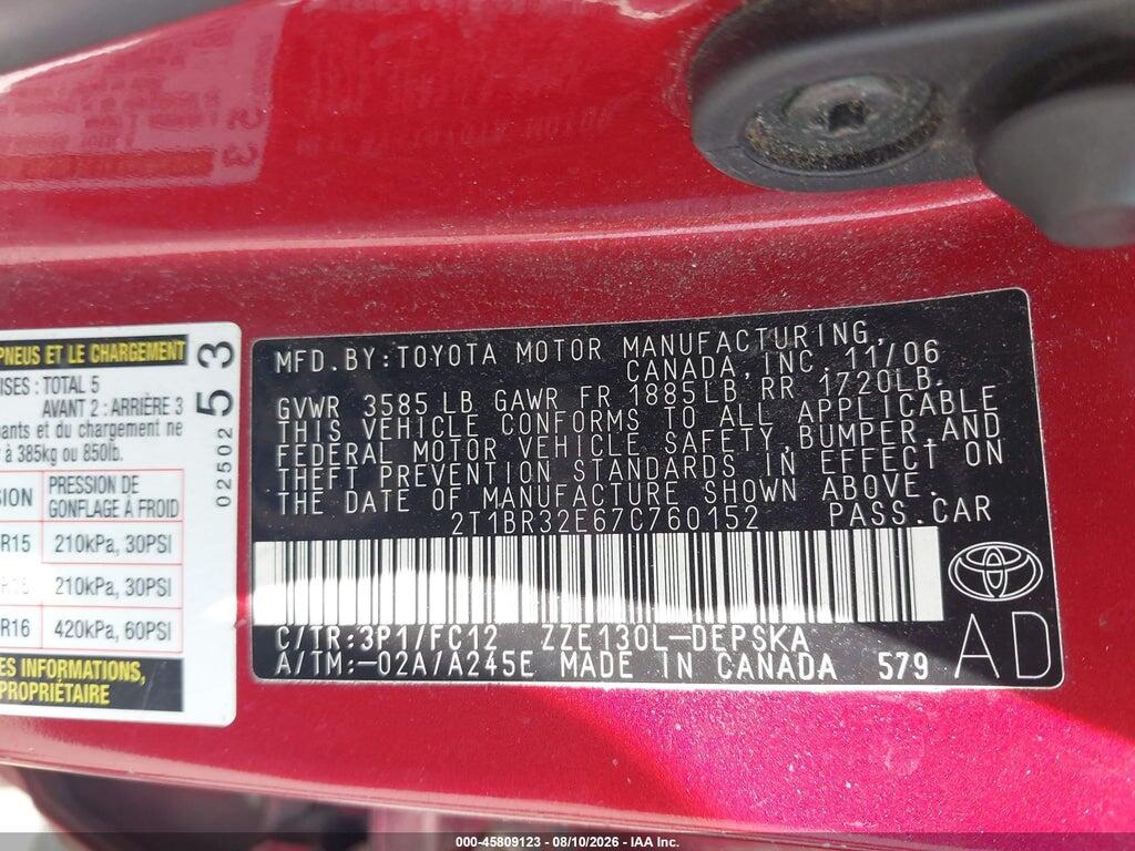 2T1BR32E67C760152 2007 TOYOTA COROLLA photo no. 9
