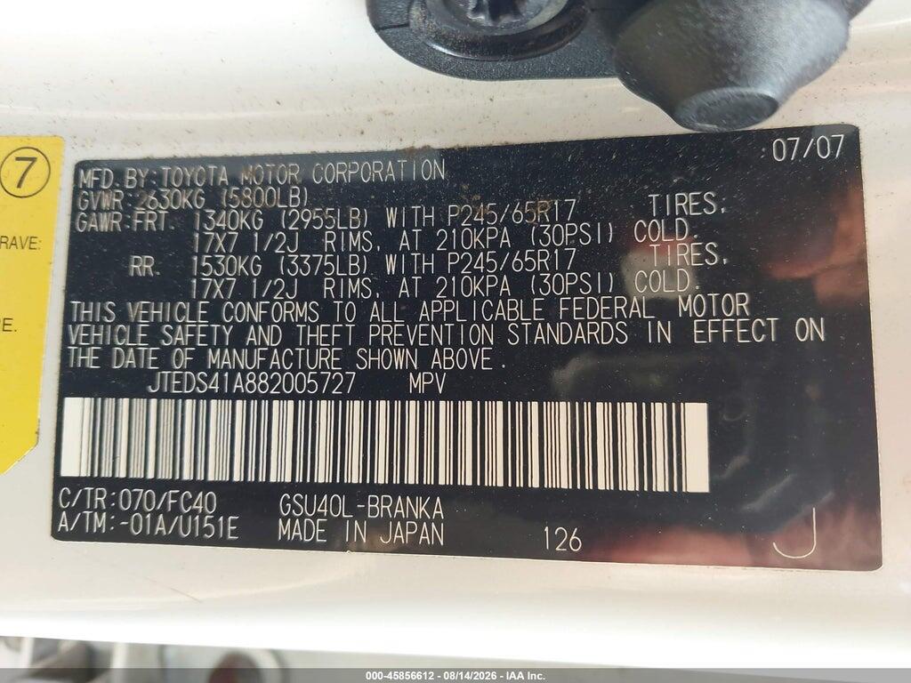 JTEDS41A882005727 2008 TOYOTA HIGHLANDER photo no. 9
