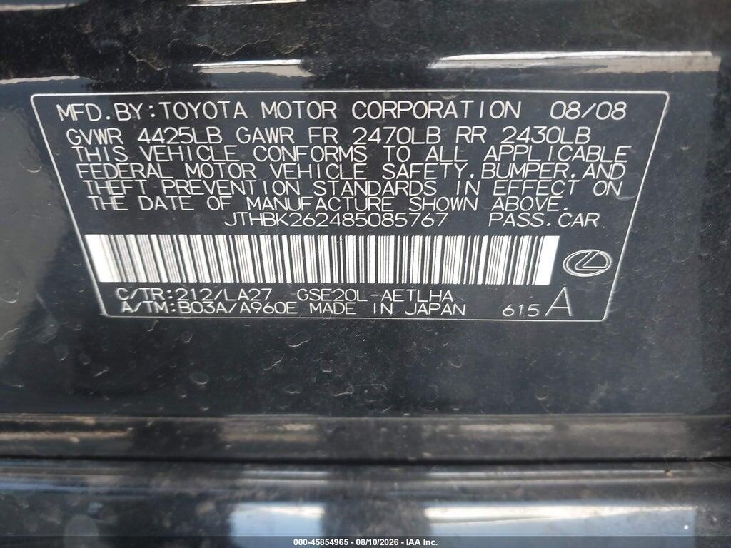 JTHBK262485085767 2008 LEXUS IS 250 photo no. 9