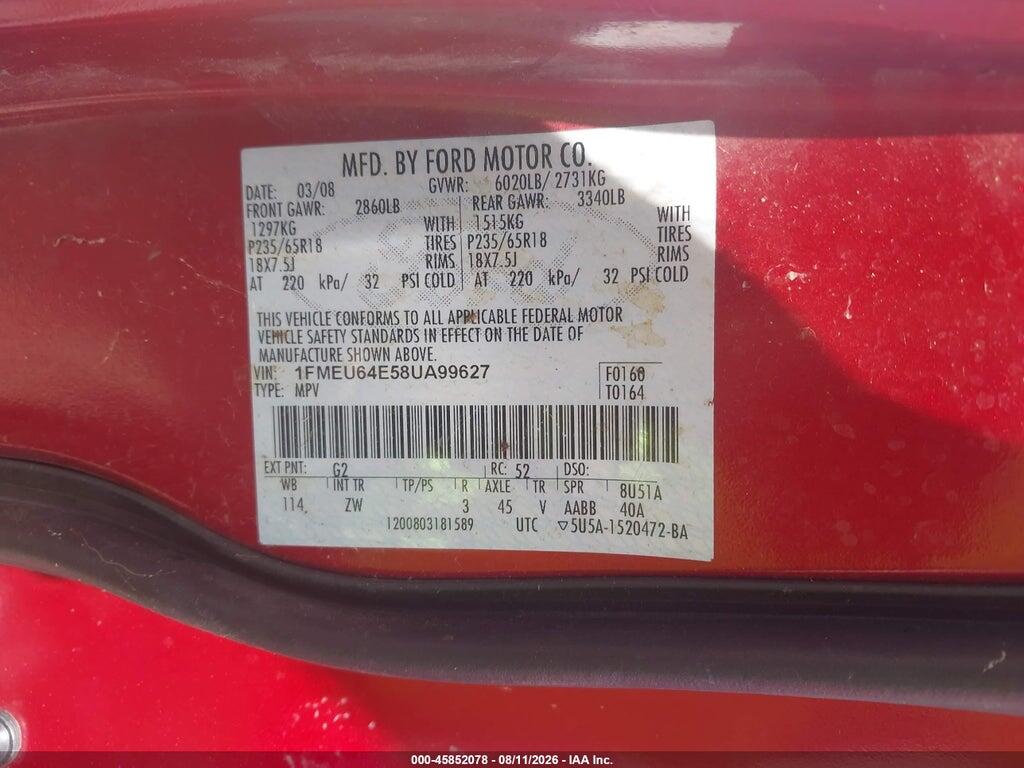 1FMEU64E58UA99627 2008 FORD EXPLORER photo no. 9
