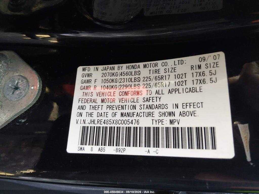 JHLRE485X8C005476 2008 HONDA CR-V photo no. 9