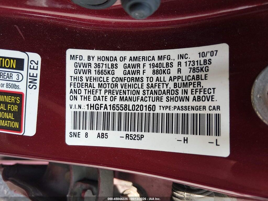 1HGFA16558L020160 2008 HONDA CIVIC photo no. 9