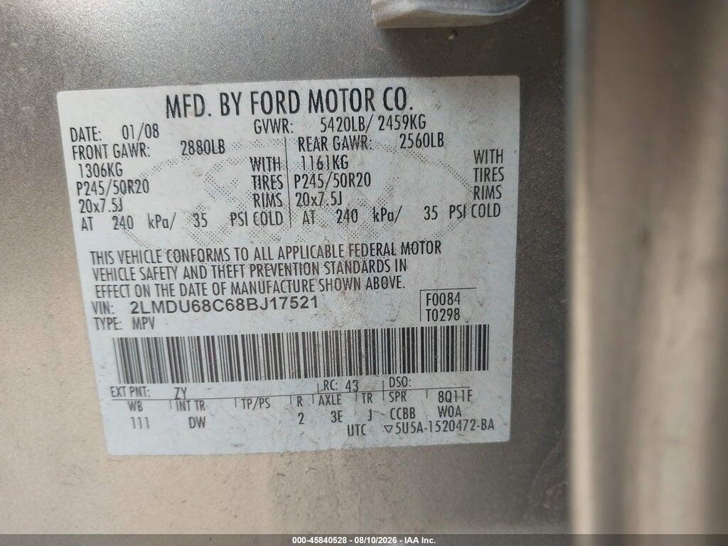 2LMDU68C68BJ17521 2008 LINCOLN MKX photo no. 9
