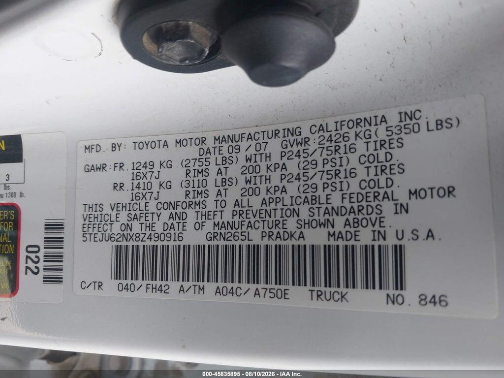 5TEJU62NX8Z490916 2008 TOYOTA TACOMA photo no. 9