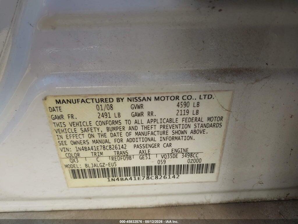 1N4BA41E78C826142 2008 NISSAN MAXIMA photo no. 9