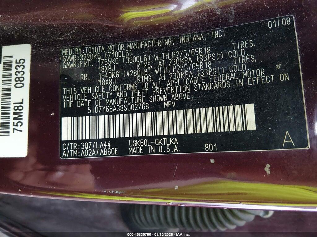 5TDZY68A38S002768 2008 TOYOTA SEQUOIA photo no. 9