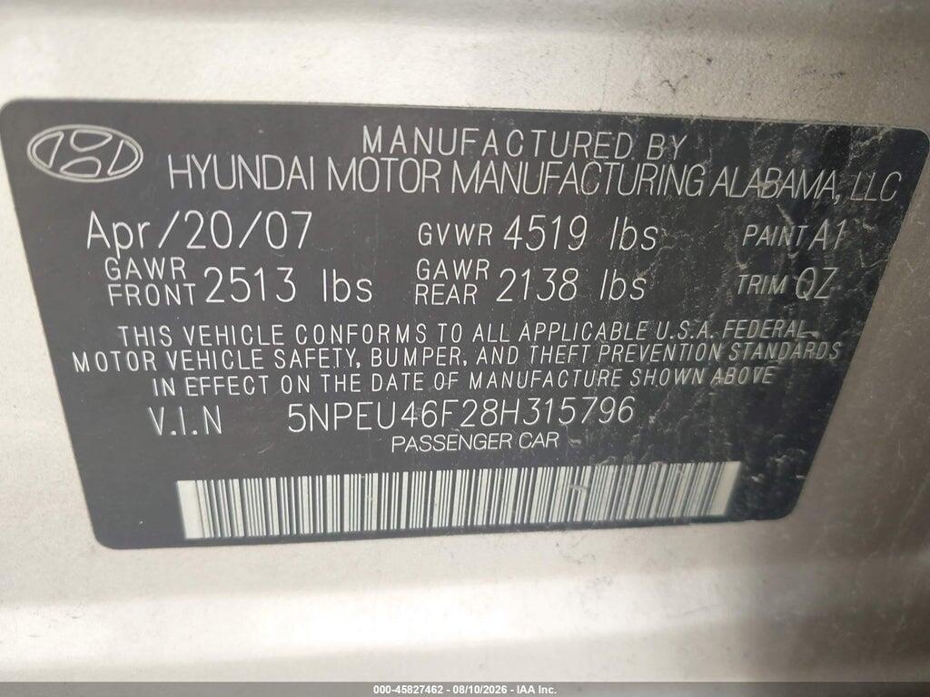 5NPEU46F28H315796 2008 HYUNDAI SONATA photo no. 9