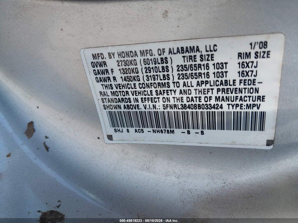 5FNRL38408B033424 2008 HONDA ODYSSEY photo no. 9