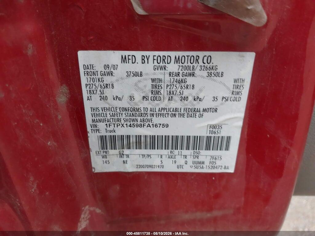 1FTPX14598FA16759 2008 FORD F-150 photo no. 9
