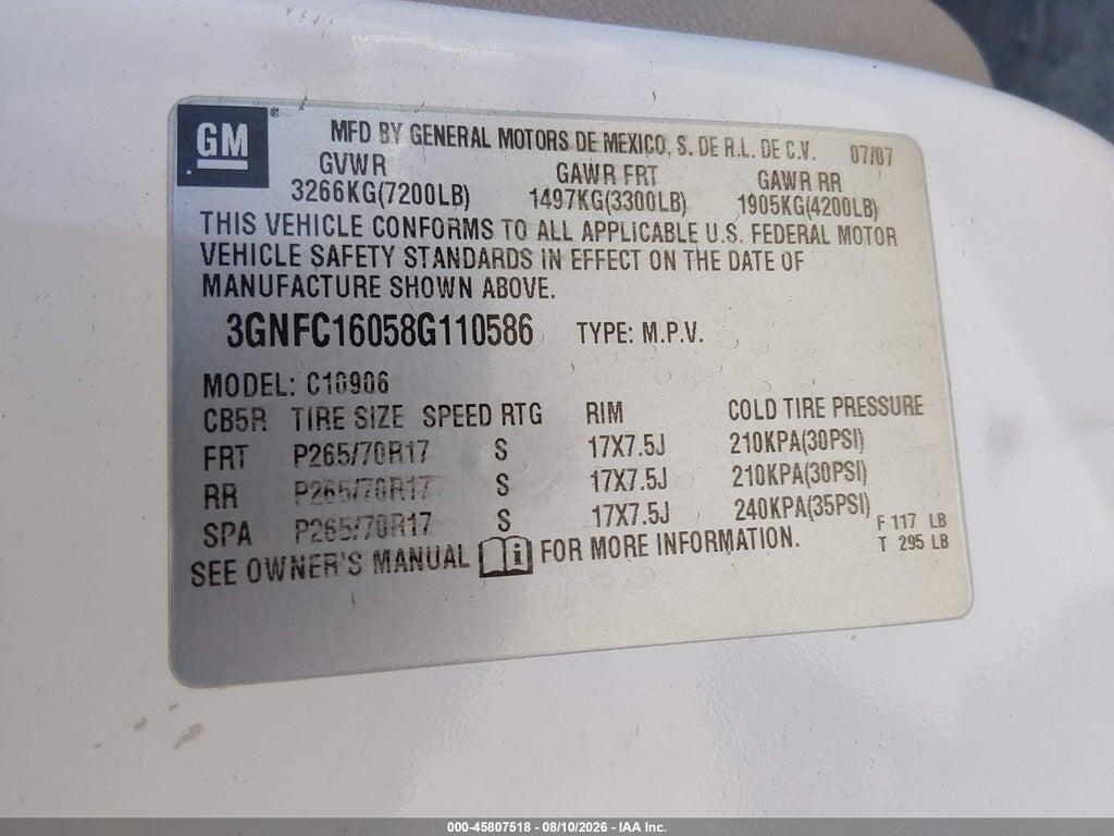 3GNFC16058G110586 2008 CHEVROLET SUBURBAN 1500 photo no. 9