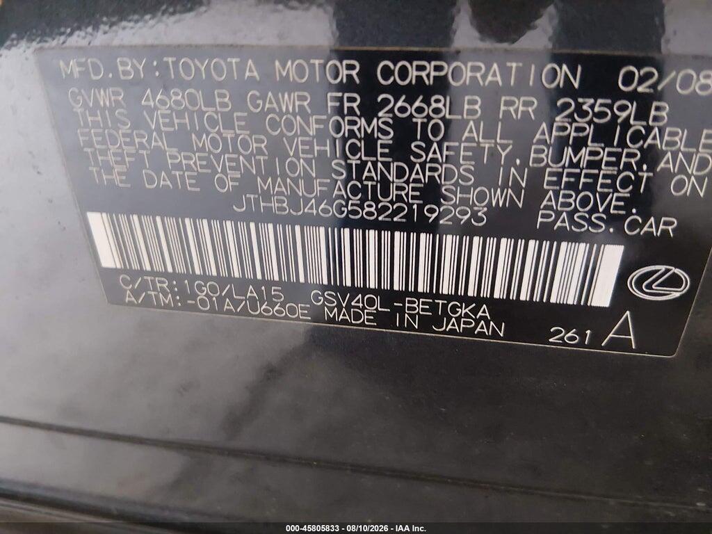 JTHBJ46G582219293 2008 LEXUS ES 350 photo no. 9