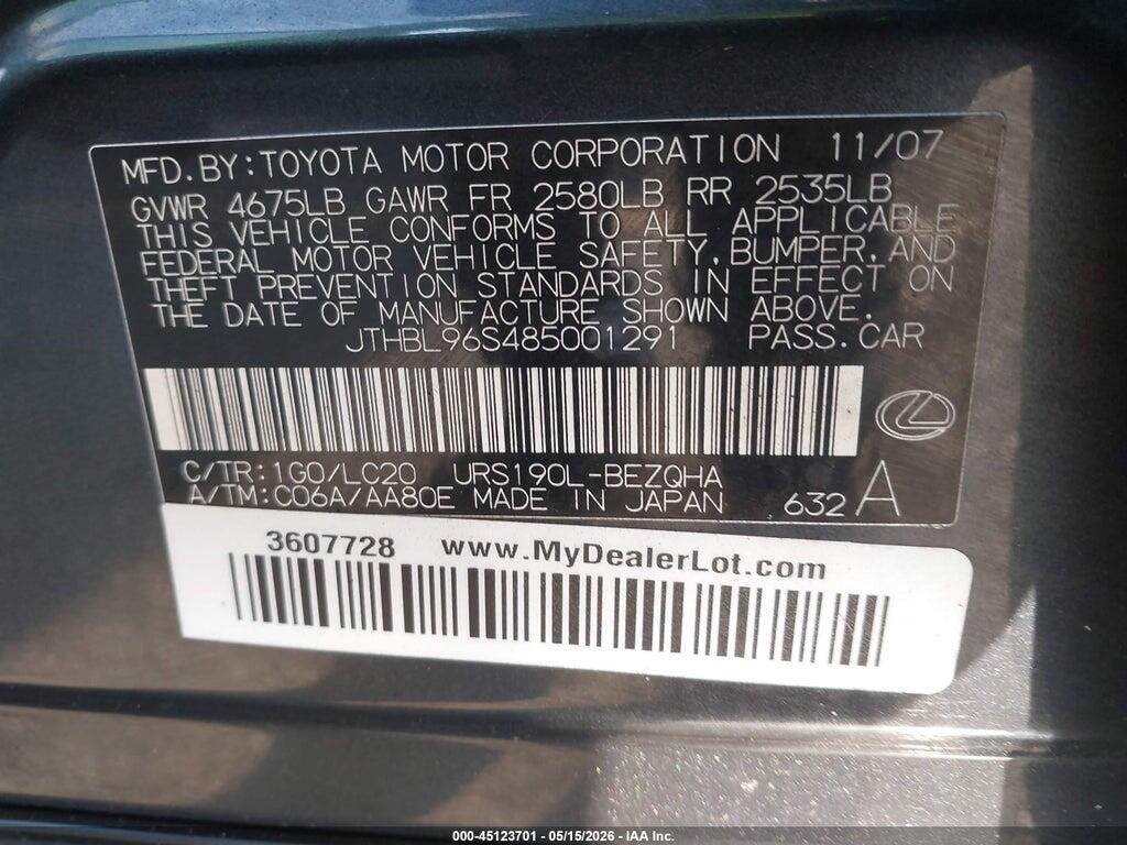 JTHBL96S485001291 2008 LEXUS GS 460 photo no. 9