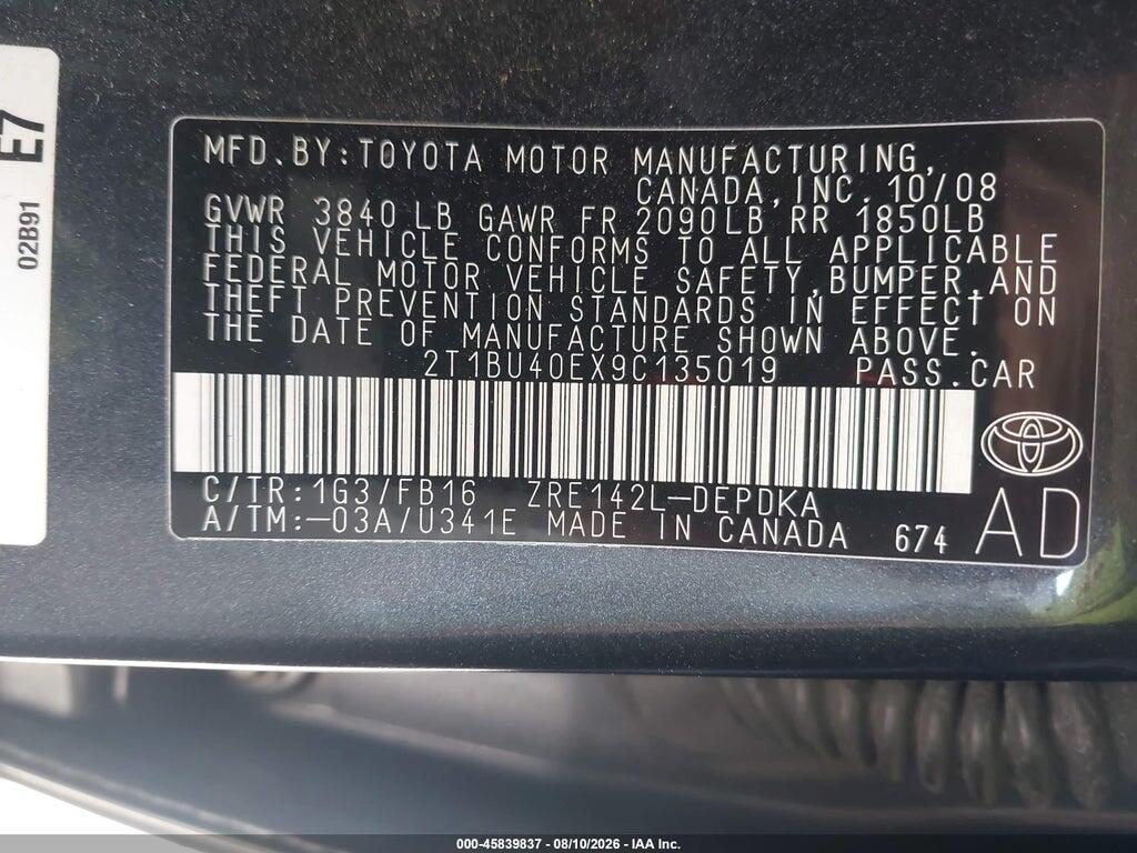 2T1BU40EX9C135019 2009 TOYOTA COROLLA photo no. 9