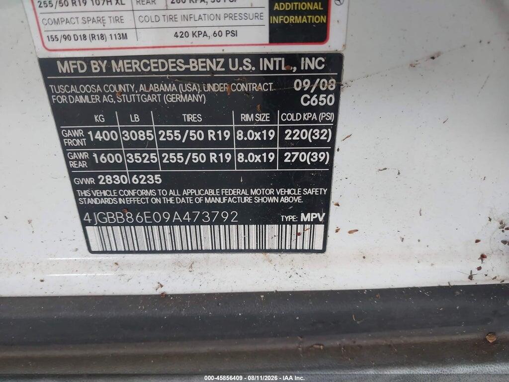 4JGBB86E09A473792 2009 MERCEDES-BENZ ML 350 photo no. 9