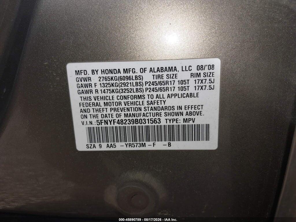 5FNYF48239B031563 2009 HONDA PILOT photo no. 9