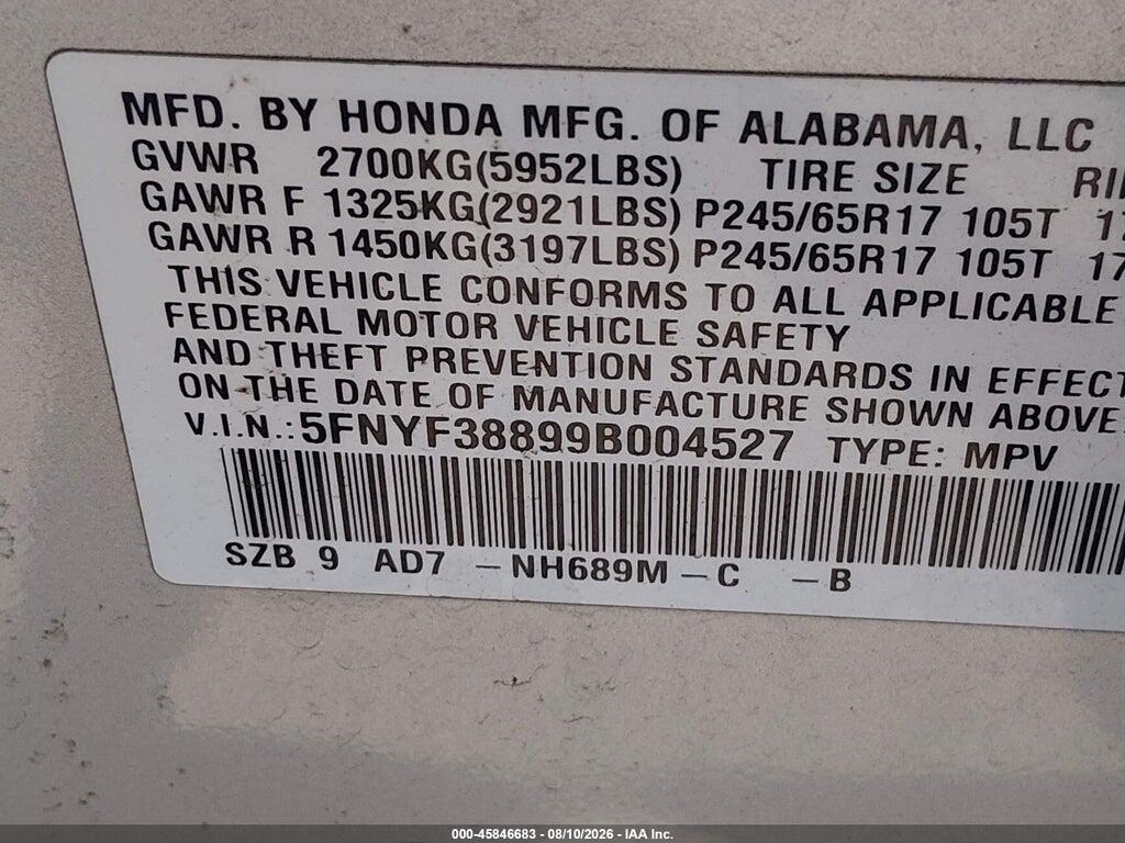 5FNYF38899B004527 2009 HONDA PILOT photo no. 9