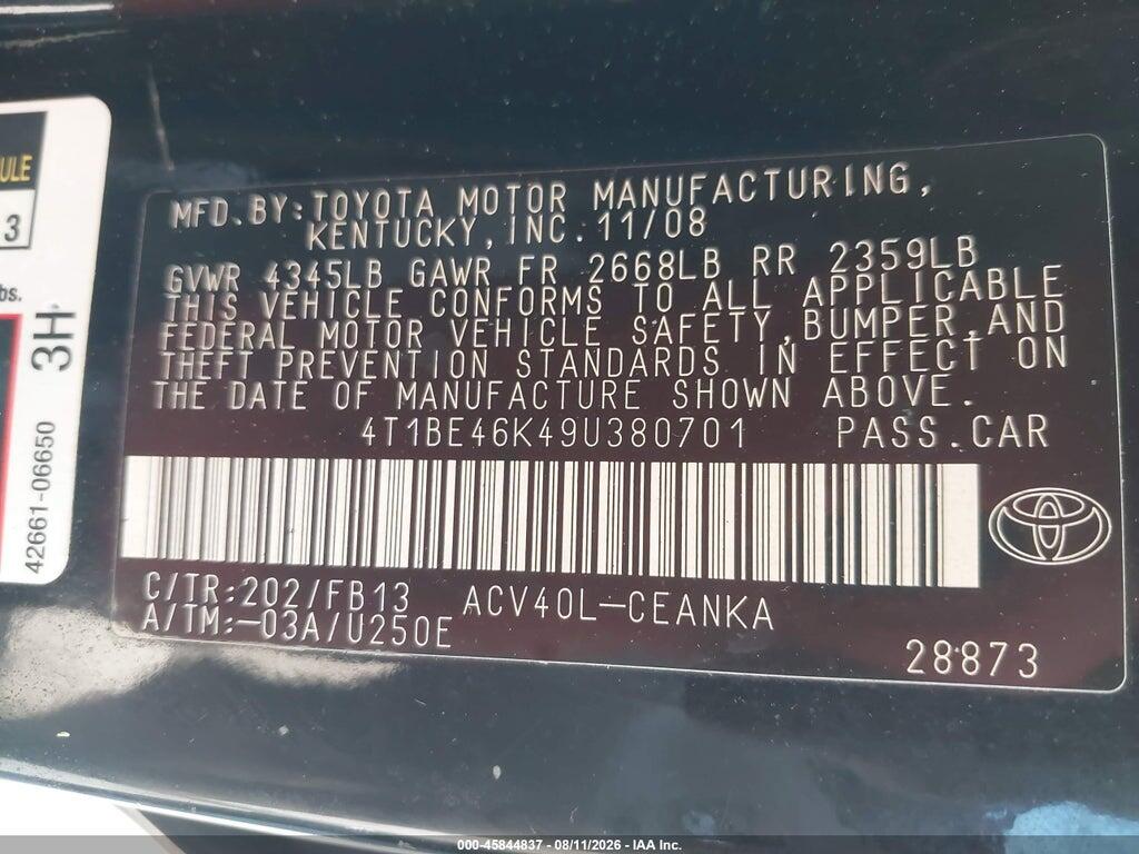 4T1BE46K49U380701 2009 TOYOTA CAMRY photo no. 9
