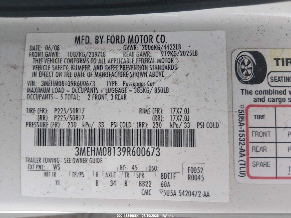 3MEHM08139R600673 2009 MERCURY MILAN photo no. 9