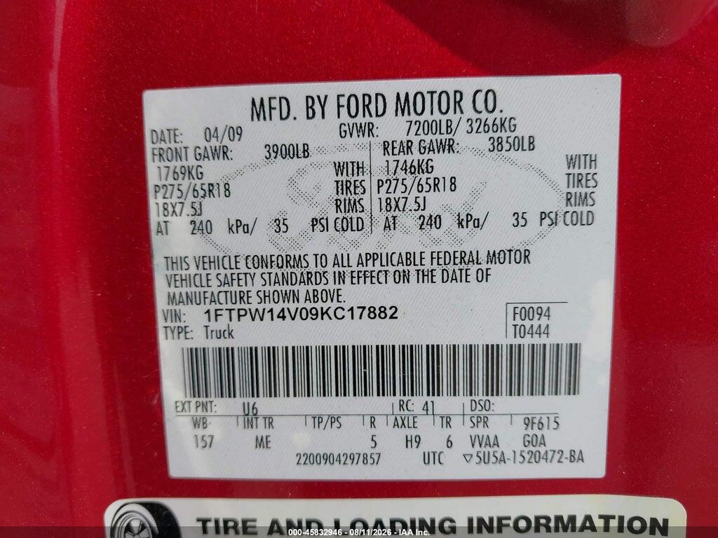 1FTPW14V09KC17882 2009 FORD F-150 photo no. 9