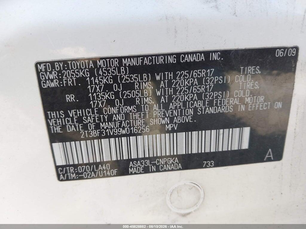 2T3BF31V99W016256 2009 TOYOTA RAV4 photo no. 9