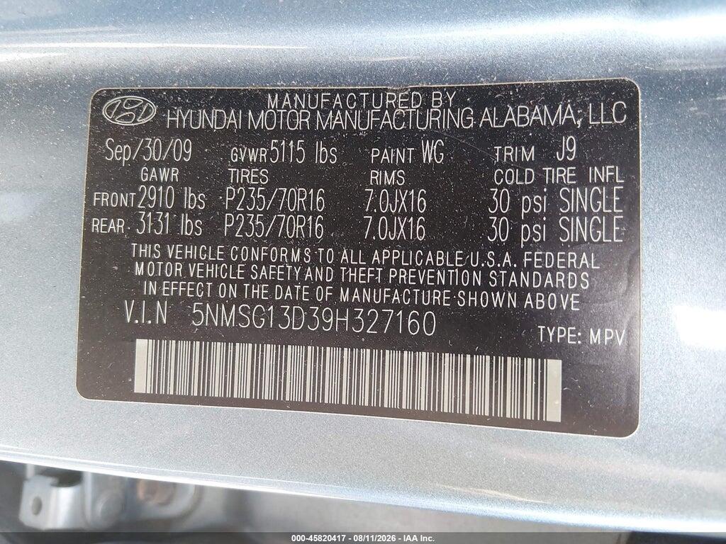 5NMSG13D39H327160 2009 HYUNDAI SANTA FE photo no. 9