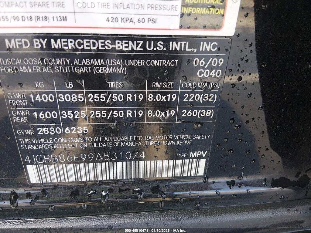 4JGBB86E99A531074 2009 MERCEDES-BENZ ML 350 photo no. 9