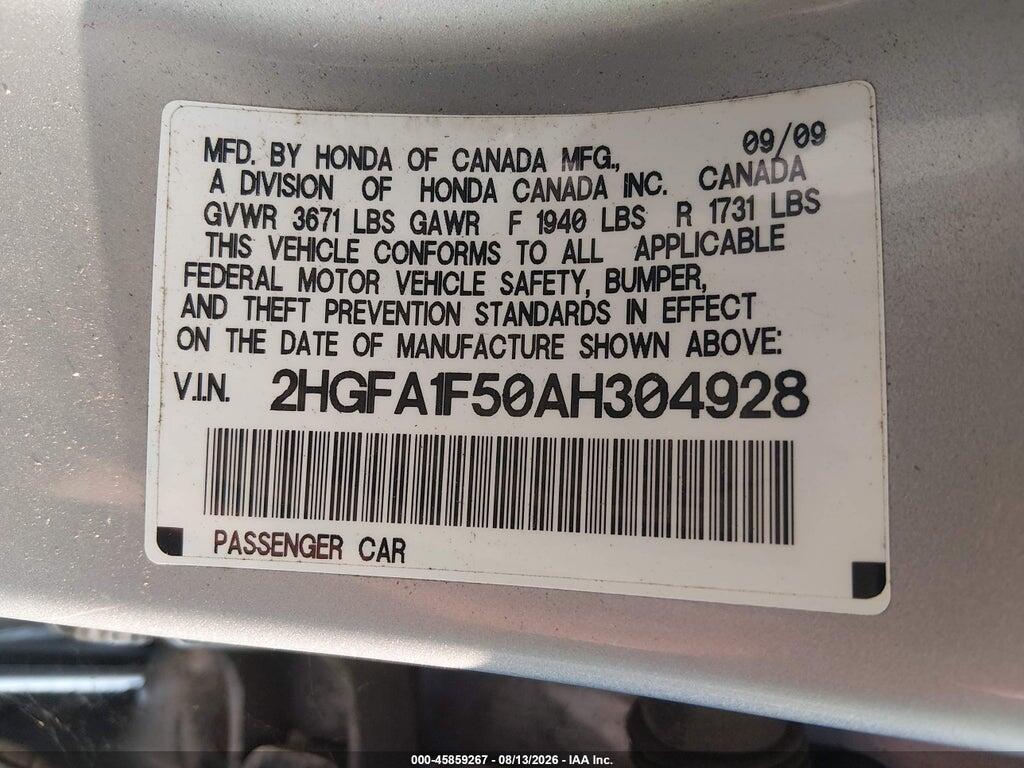 2HGFA1F50AH304928 2010 HONDA CIVIC photo no. 9