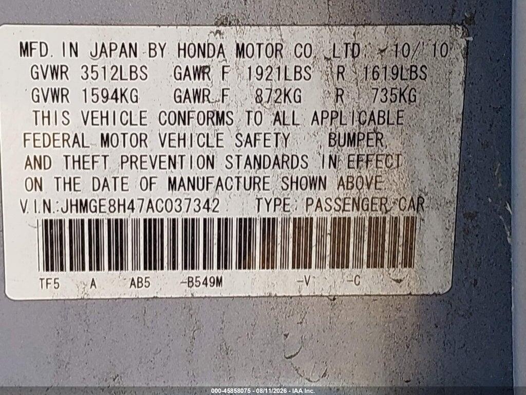 JHMGE8H47AC037342 2010 HONDA FIT photo no. 9