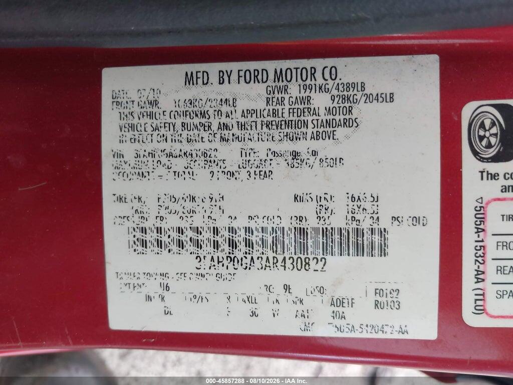 3FAHP0GA3AR430822 2010 FORD FUSION photo no. 9