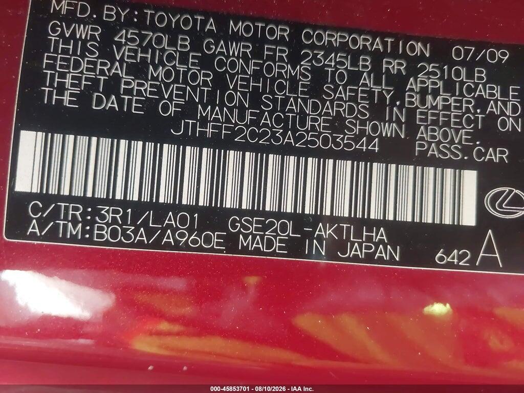 JTHFF2C23A2503544 2010 LEXUS IS 250C photo no. 9