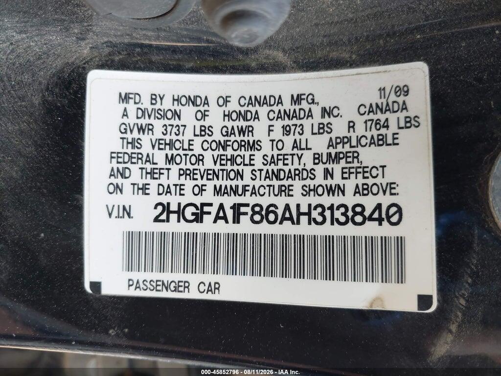 2HGFA1F86AH313840 2010 HONDA CIVIC photo no. 9