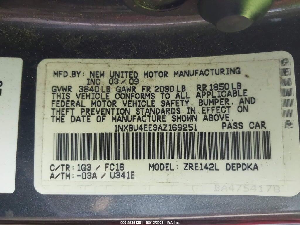 1NXBU4EE3AZ169251 2010 TOYOTA COROLLA photo no. 9